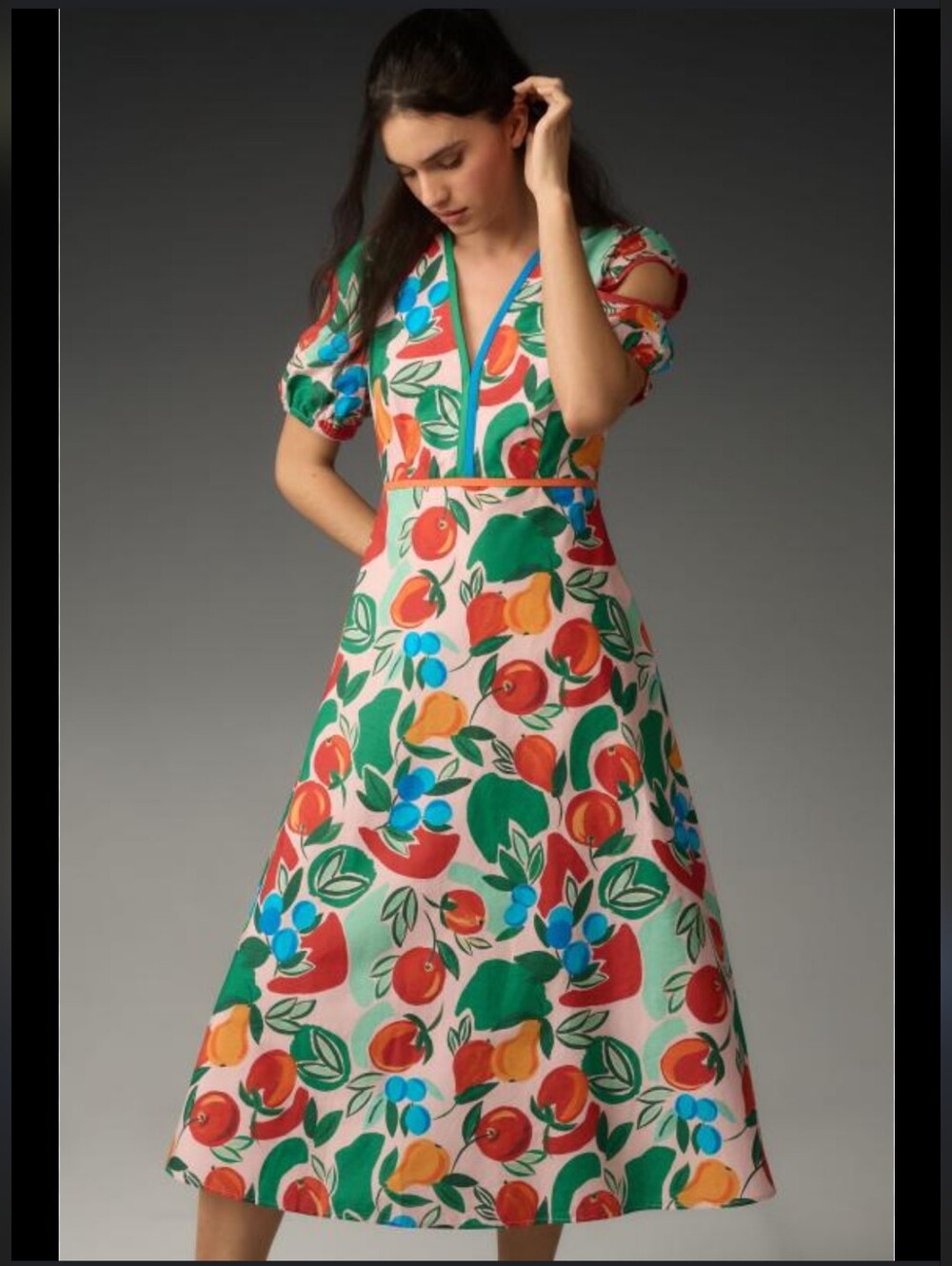 Farm Rio x Anthropologie Short-Sleeve V-Neck Cutout Multi-Color Midi Dress